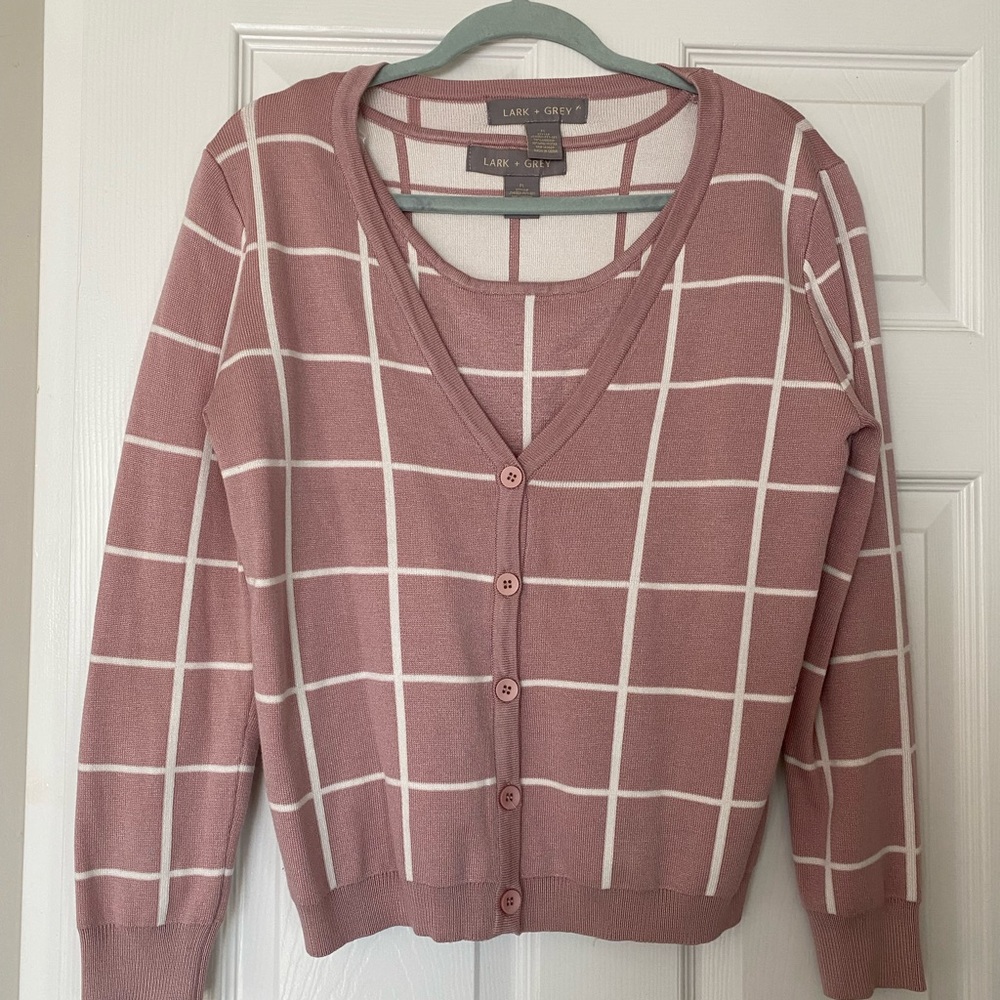 Pink and White Checkered Cardigan Sweater Set